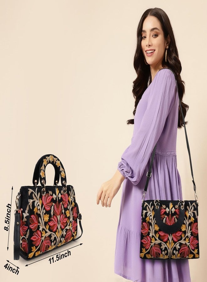 EVEDA Synthetic Leather Gorgeous Embroidery Stylish Design Shoulder Crossbody Hobo Women Handbag, Black - Image 3